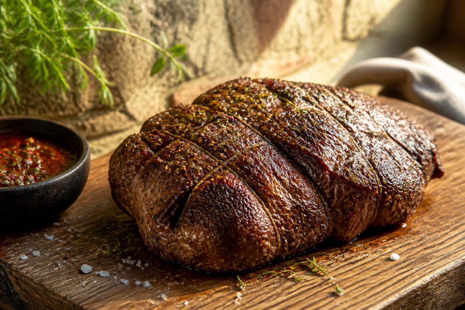A whole boneless leg of lamb on a wooden cutting board.