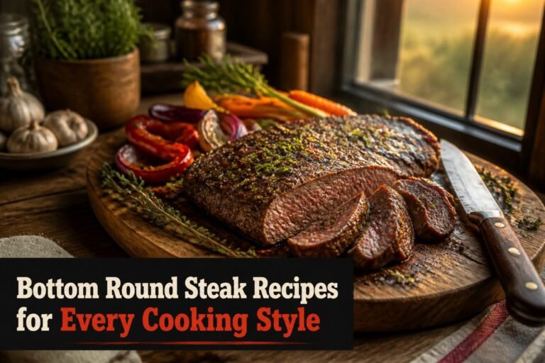 Collage of bottom round steak dishes prepared in different styles.