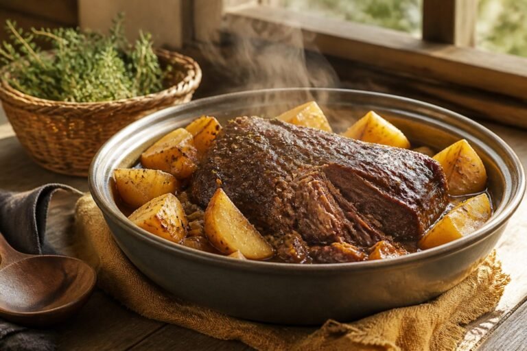 Chuck roast with vegetables arranged in a slow cooker.