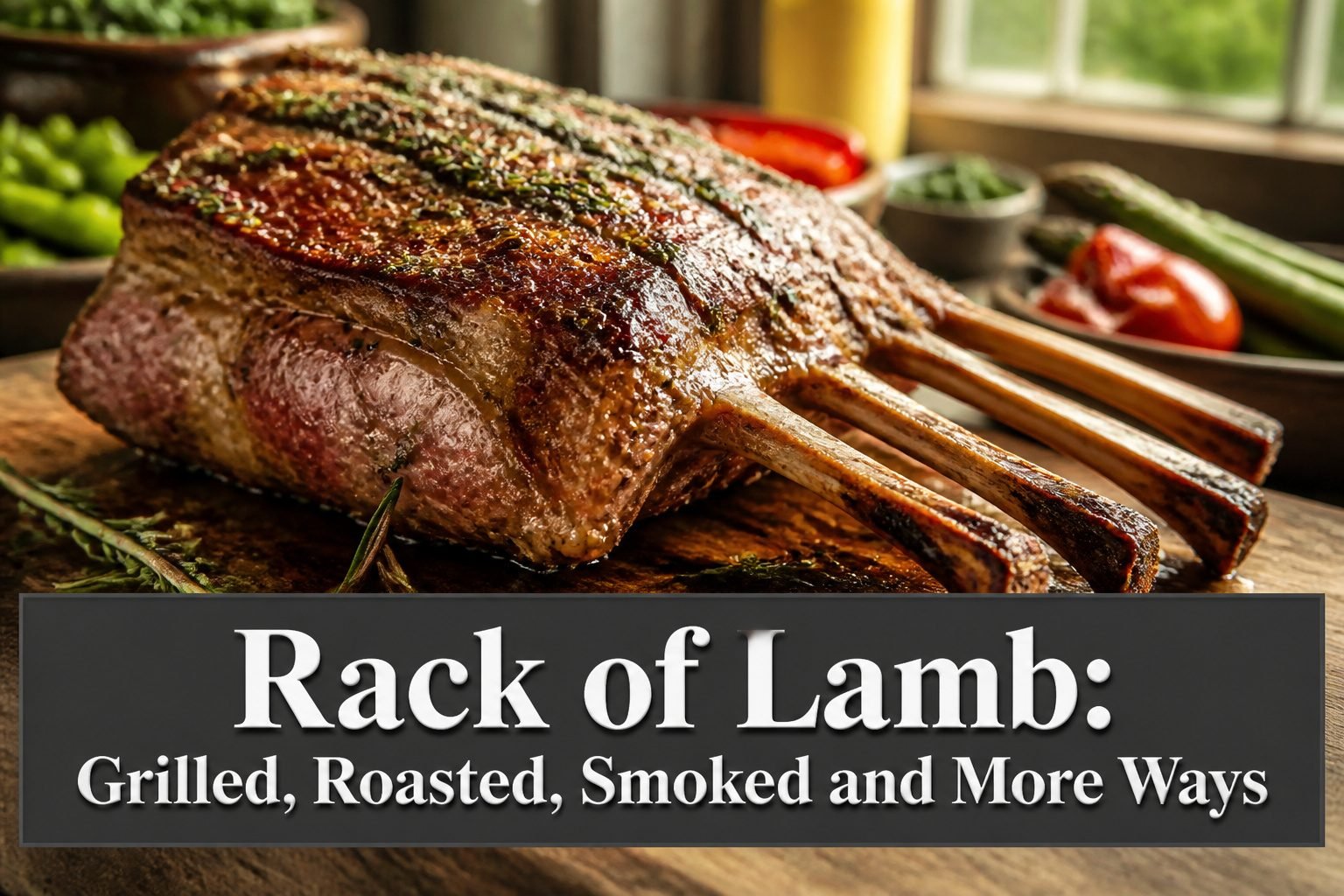 A rack of lamb on a wooden cutting board with fresh herbs.