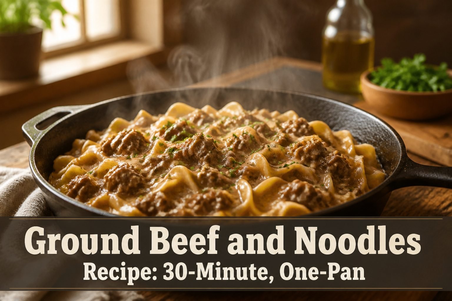 A plate of ground beef and noodles garnished and served.
