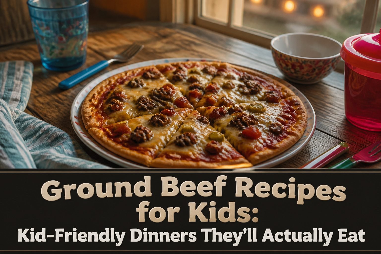 A variety of ground beef recipes for kids displayed on a table.