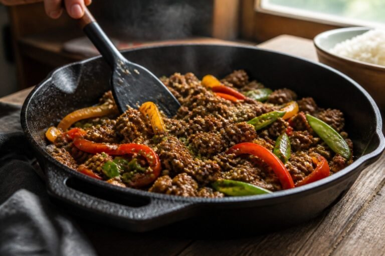 Ground beef stir fry with vegetables in a skillet.