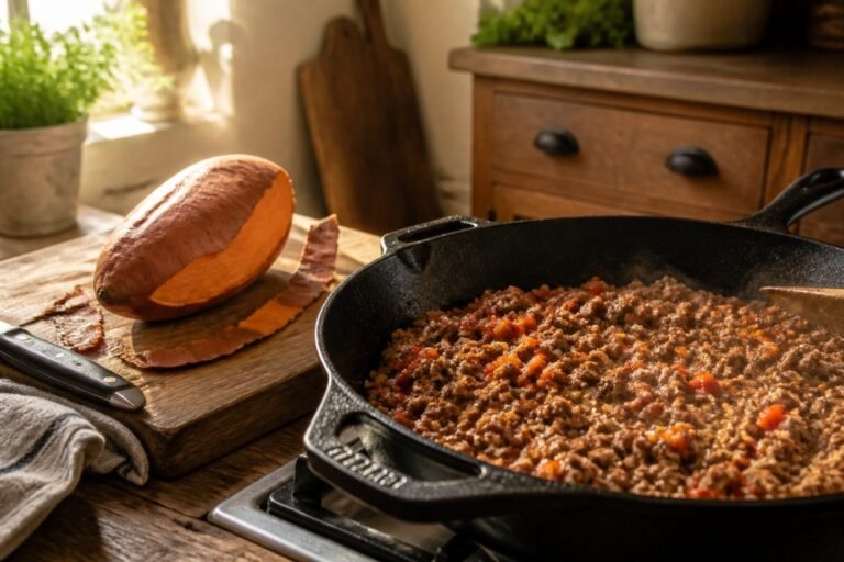 An assortment of ground beef and sweet potato meals on a table.