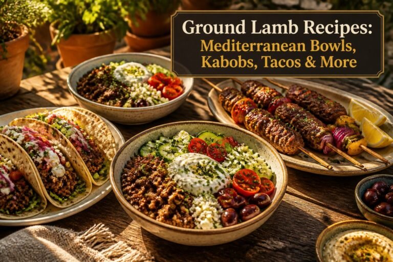 A variety of ground lamb dishes displayed on a table.