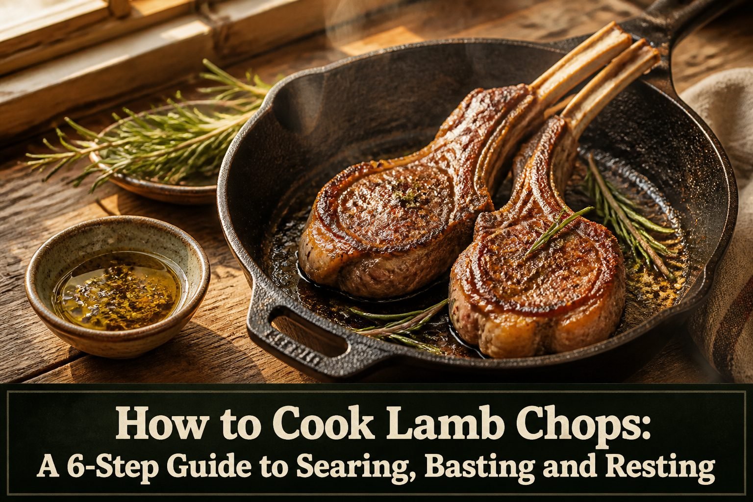 Lamb chops on a wooden cutting board with sea salt and pepper.