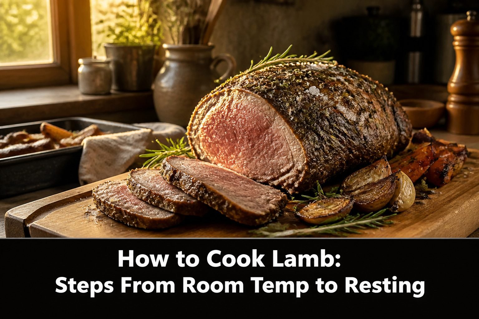 Whole leg of lamb on a wooden countertop with herbs and sea salt.