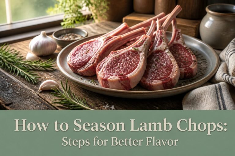 A plate with seasoned lamb chops and vibrant sides.