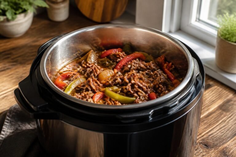 A bowl of beef with peppers and onions cooked in an Instant Pot.