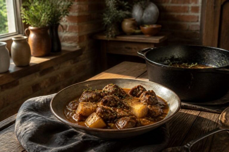 Bowl of Irish lamb stew with lamb pieces and potatoes on a wooden table.
