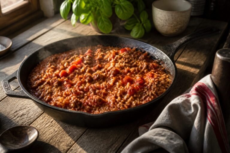 A cast iron skillet with ground beef, bell peppers, and tomato sauce.