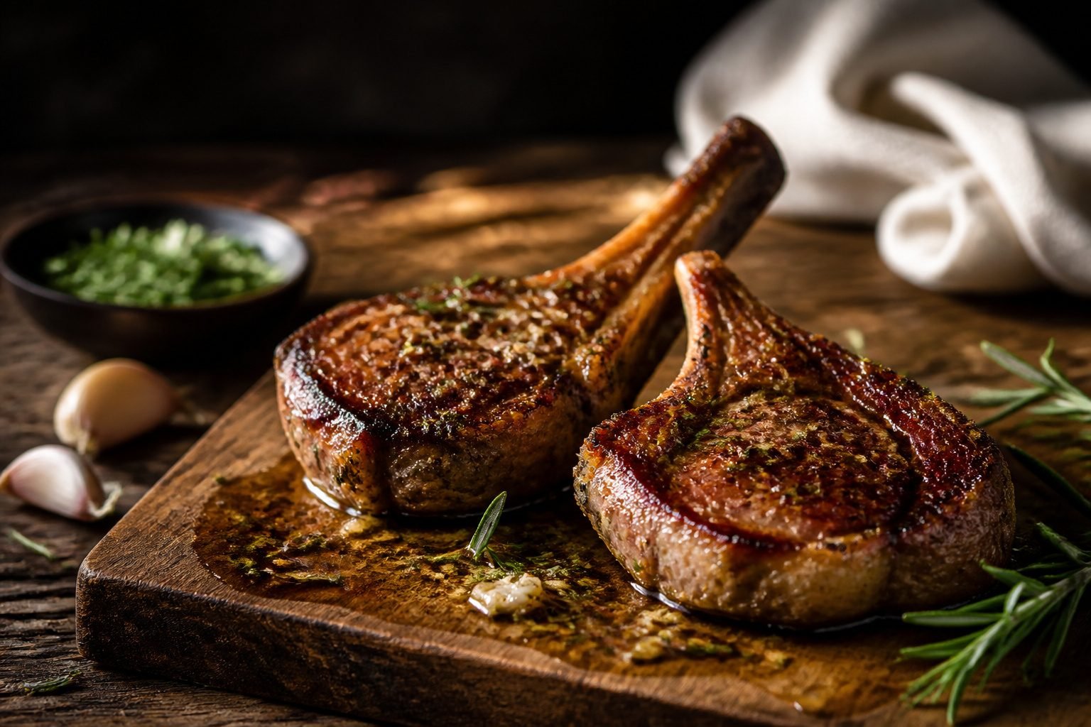 Plated garlic butter lamb chops ready to eat.