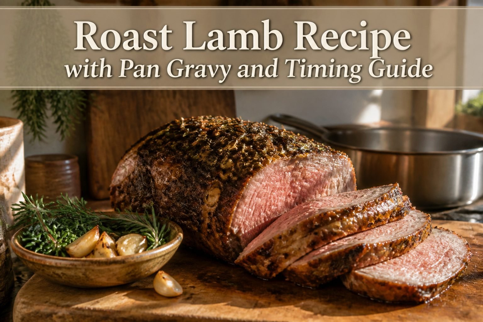 A roasted leg of lamb on a wooden dining table.