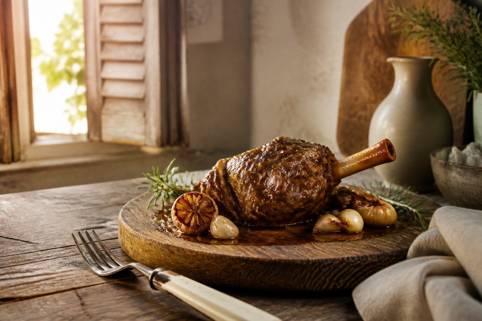 An assortment of lamb shank dishes displayed together on a rustic table.
