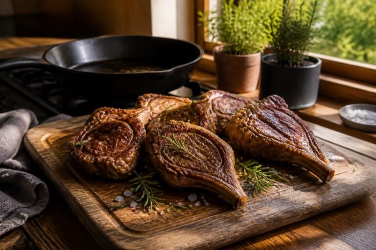 Raw lamb shoulder chops on a wooden cutting board.