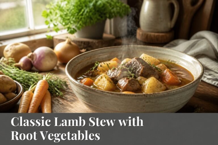 A bowl of lamb stew with carrots, potatoes, and peas.
