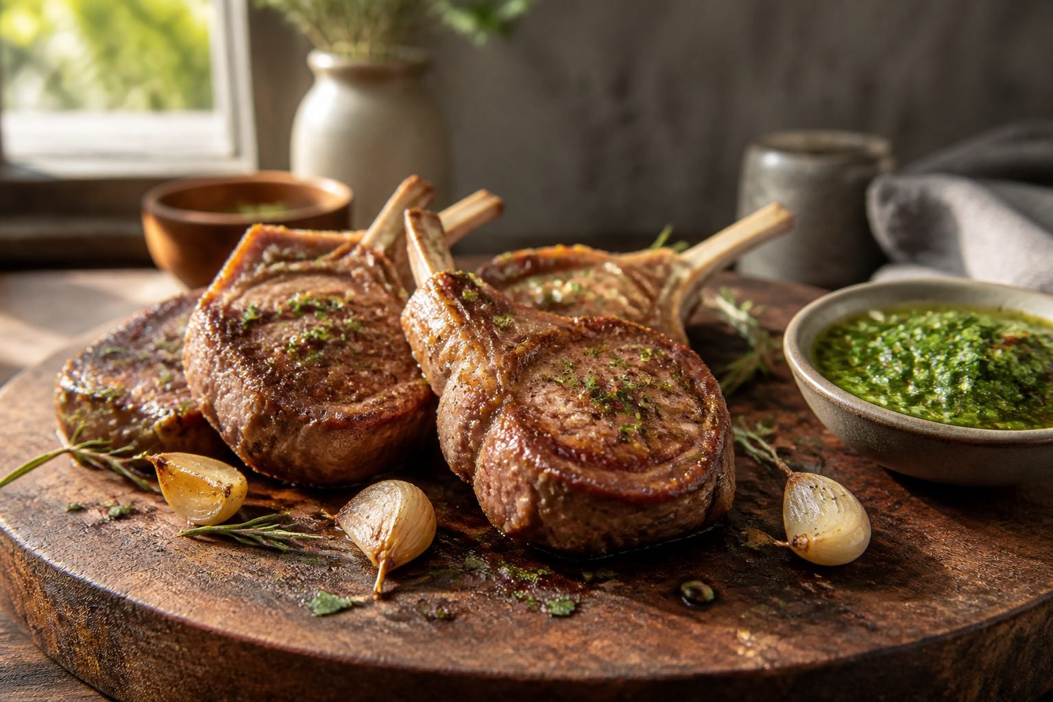 Oven baked lamb chops plated and ready to serve.