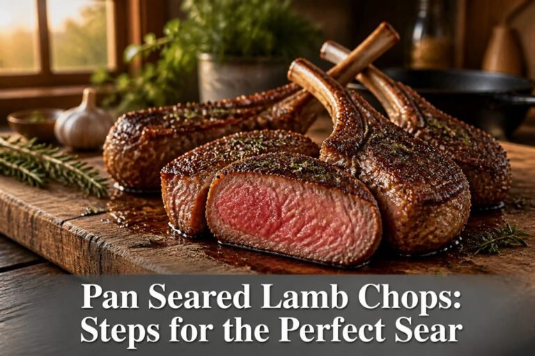 Pan seared lamb chops with a golden crust on a plate.