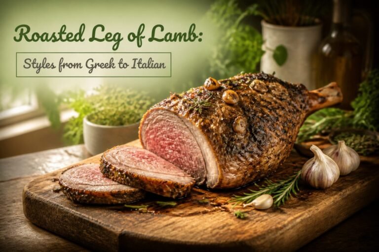 Roasted leg of lamb resting on a platter, glistening with juices.