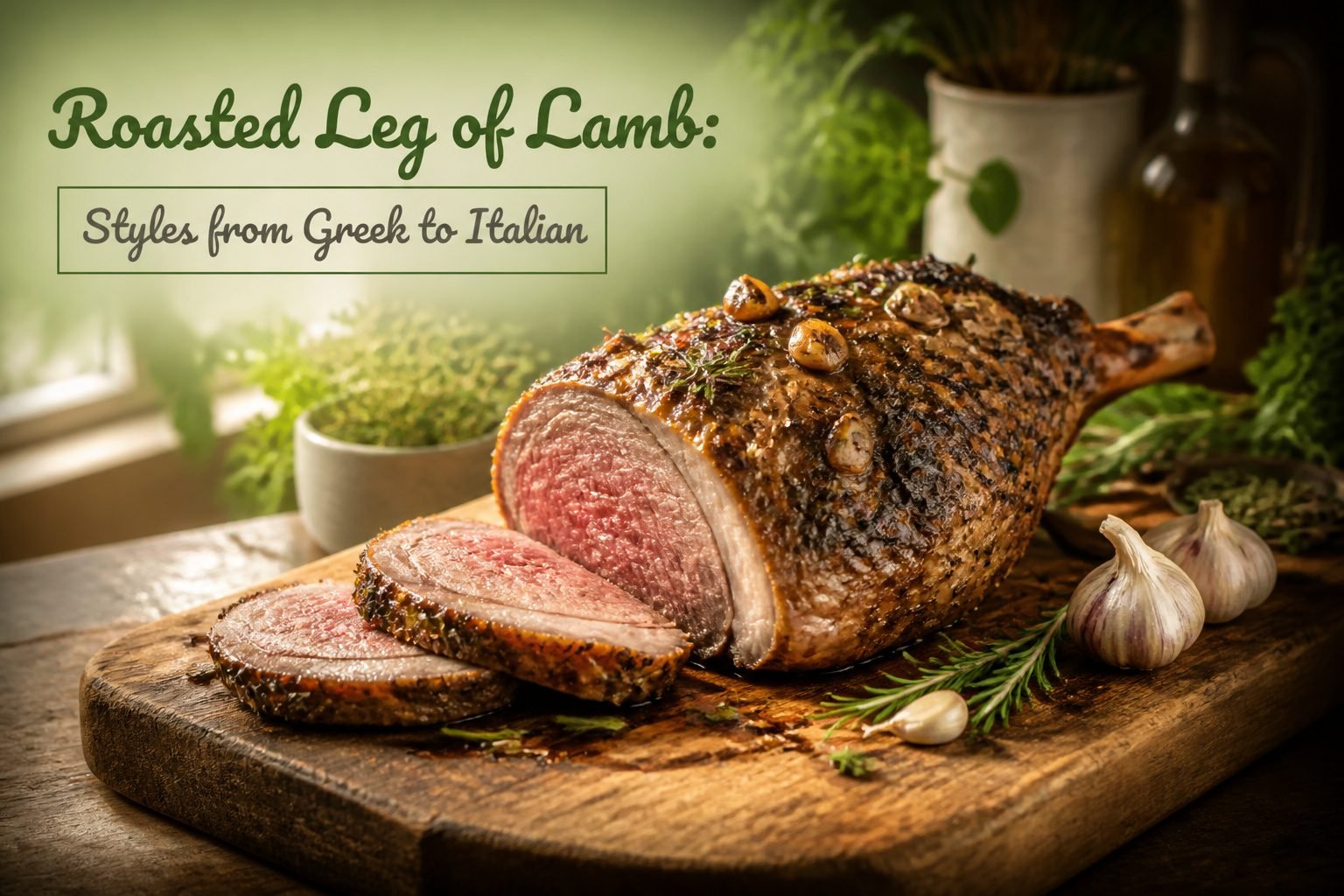 Roasted leg of lamb resting on a platter, glistening with juices.