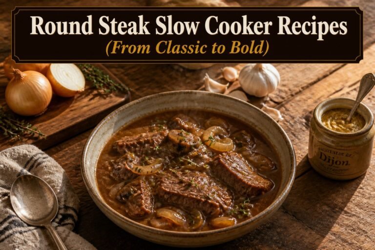 Various slow cooker dishes featuring round steak.