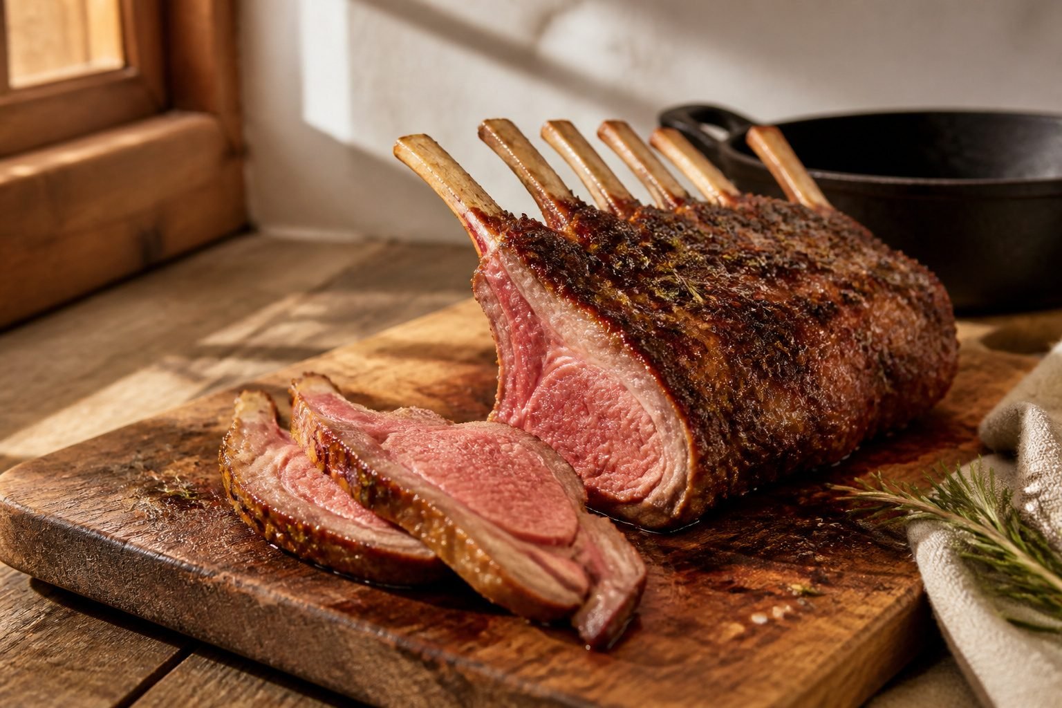 A smoked rack of lamb resting on a wooden cutting board.