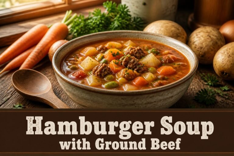 Bowl of hamburger soup with vegetables and ground beef.