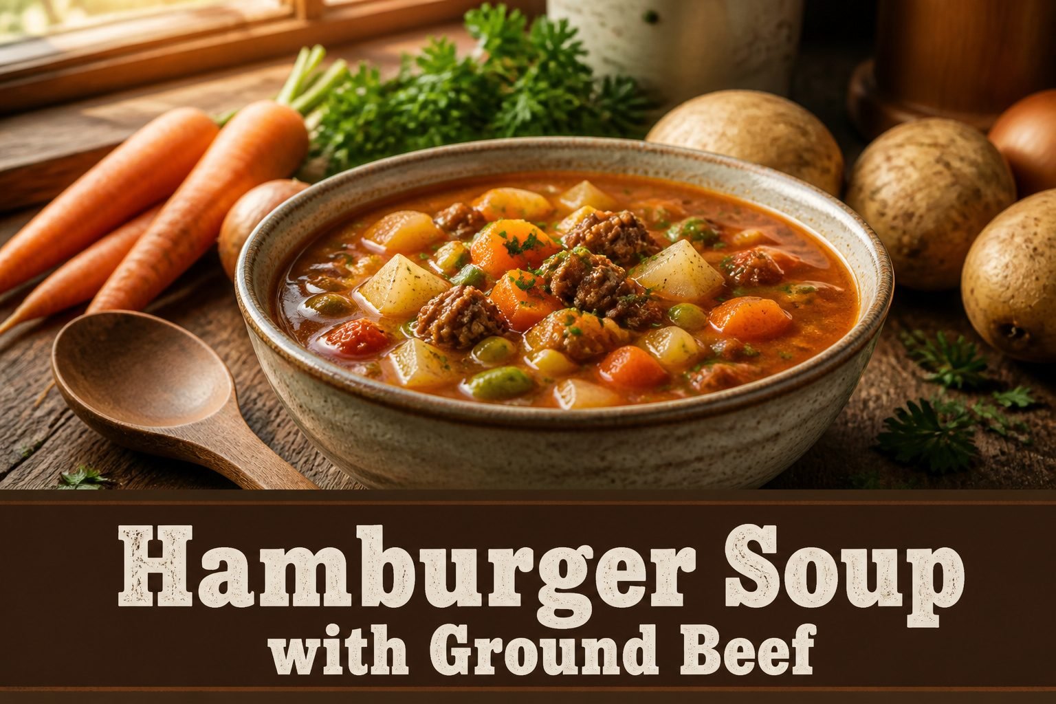 Bowl of hamburger soup with vegetables and ground beef.