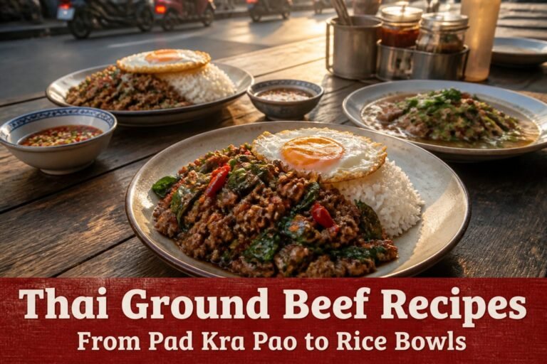 Various Thai ground beef dishes with vibrant vegetables and herbs.