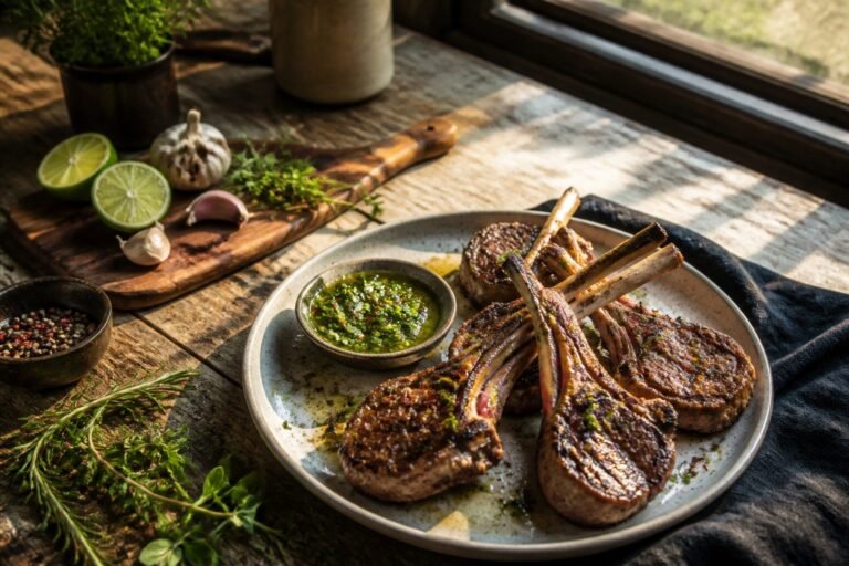 A grilled lamb chop on a plate, showcasing its juicy pink interior.